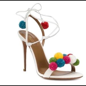 Aquazzura Raffia Pom Pom Sandal Heels White Multicolor EU 36